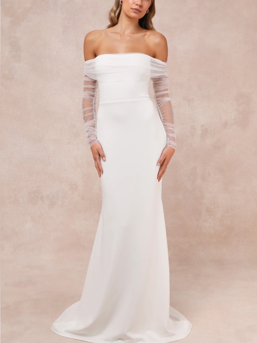 New Lulus Beautifully Beloved Elegant Off-Shoulder Gown  Long Sleeves Sz Large